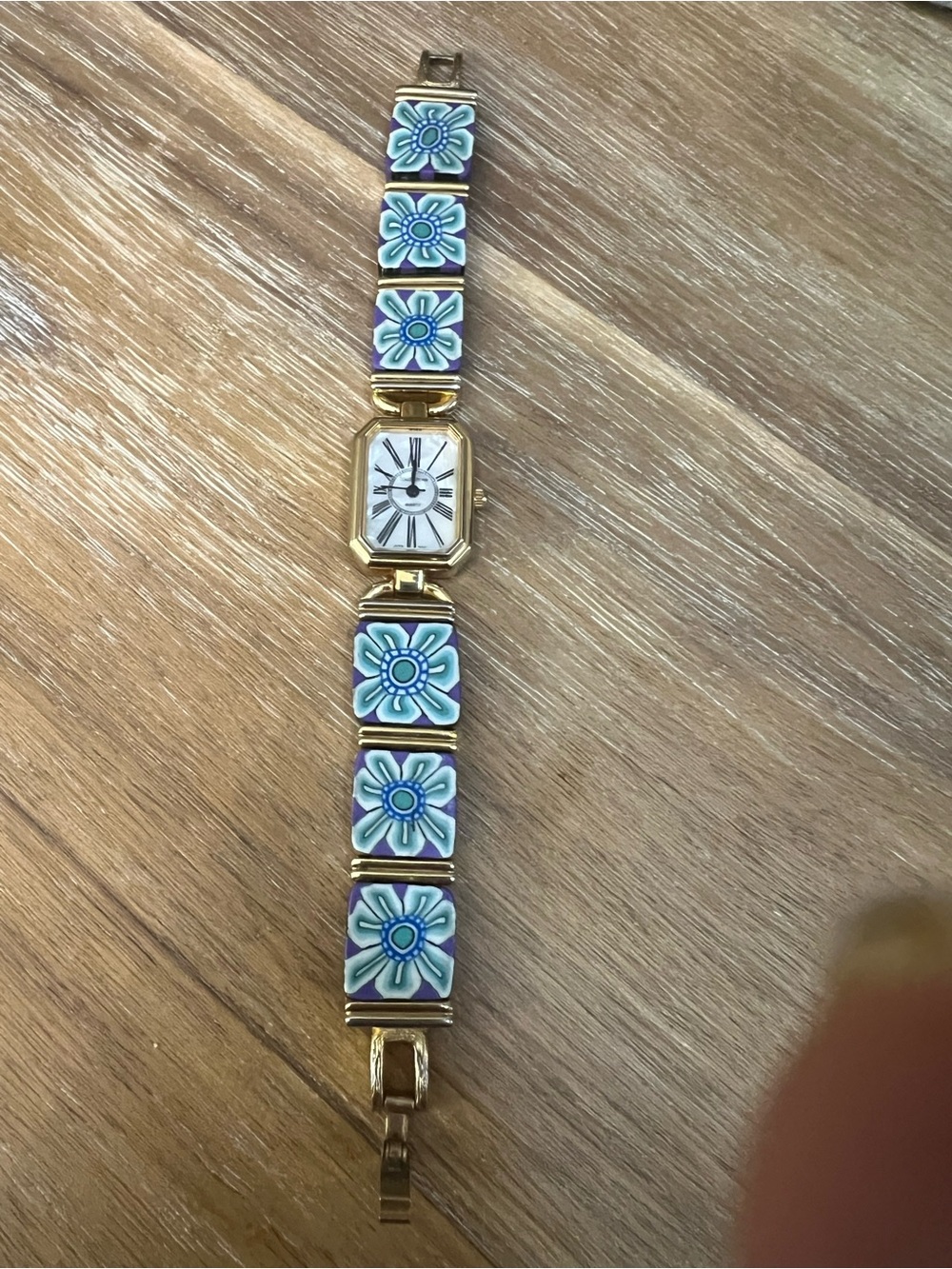 Vintage Gold Bracelet Watch with Blue Floral Links